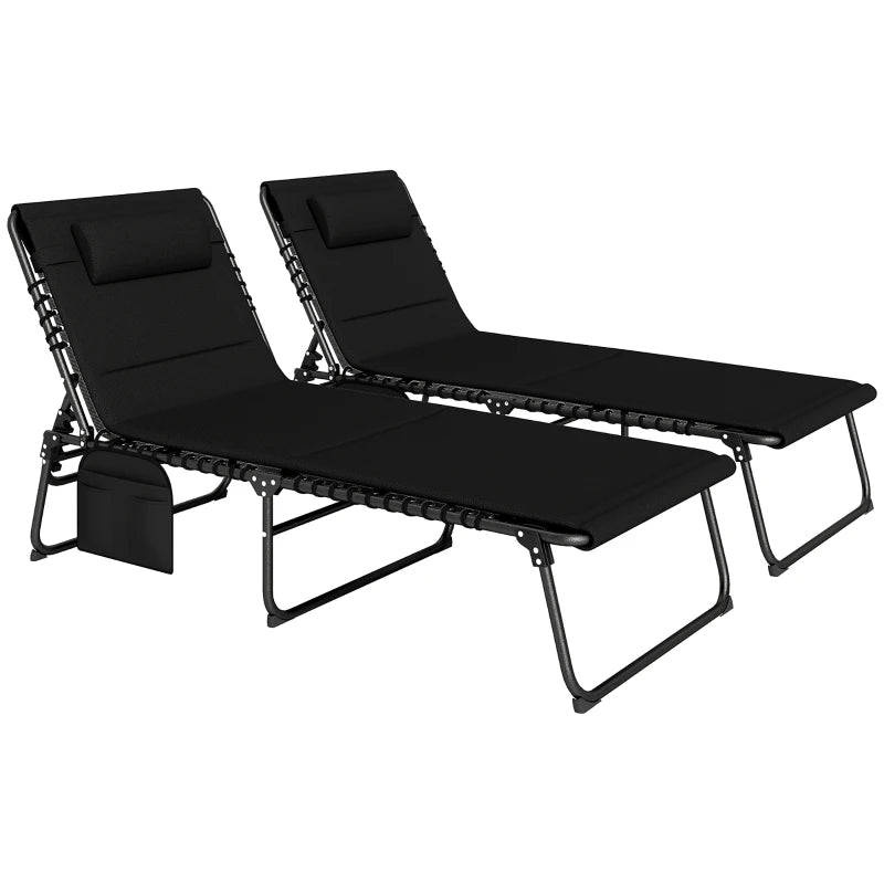 Folding Sun Loungers Set of 2 - Black Recliner Garden Chairs with Quick Drying Pad, Headrest & Side Pocket for Beach & Pool