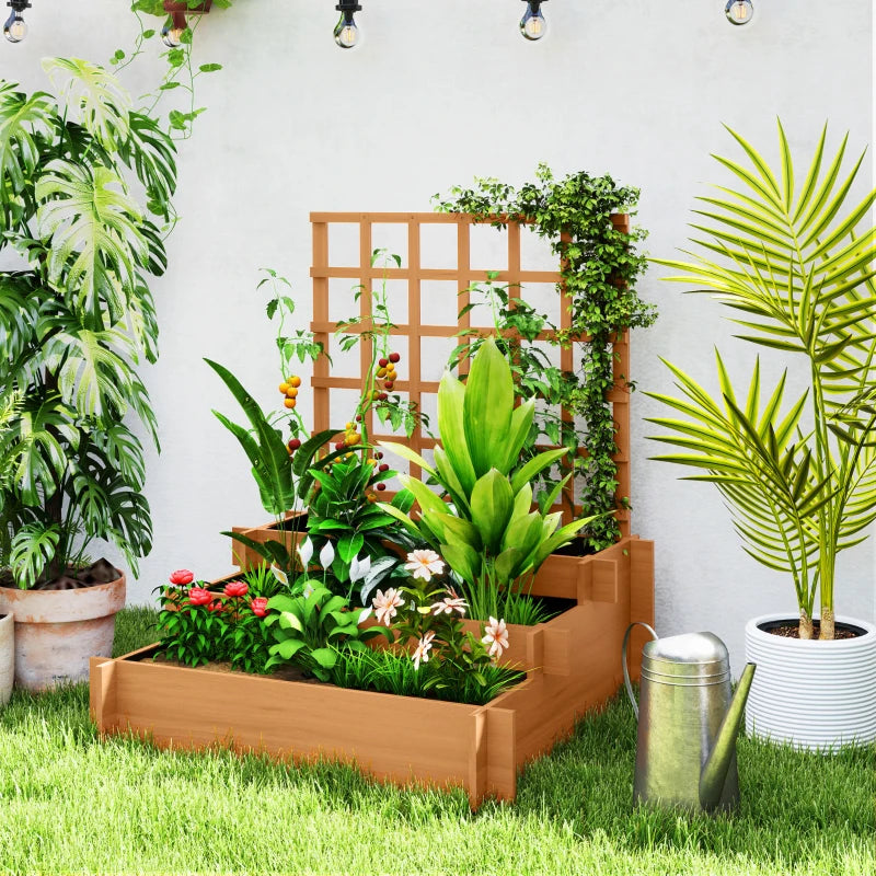 3 Tier Wooden Garden Planters with Trellis for Climbing Vines, Brown, 95x95x110cm