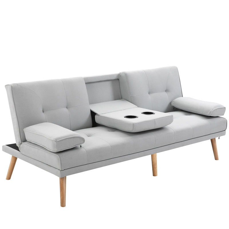 Convertible Fabric Sofa Bed with Cup Holders - Stylish Futon Settee for Living Room and Bedroom, Grey