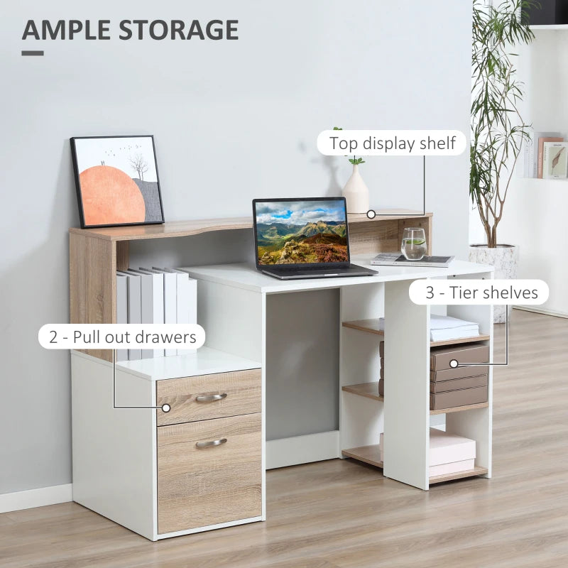 Large Oak Computer Desk with Drawers & Storage Shelves - Office Writing Table & Printer Stand for Home Office, 137x55x92cm