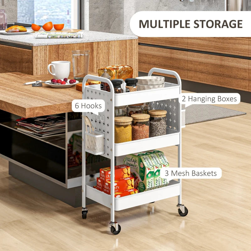 3-Tier Rolling Storage Trolley with Mesh Baskets, Hanging Boxes & Hooks - Versatile Utility Cart for Kitchen & Living Room - White