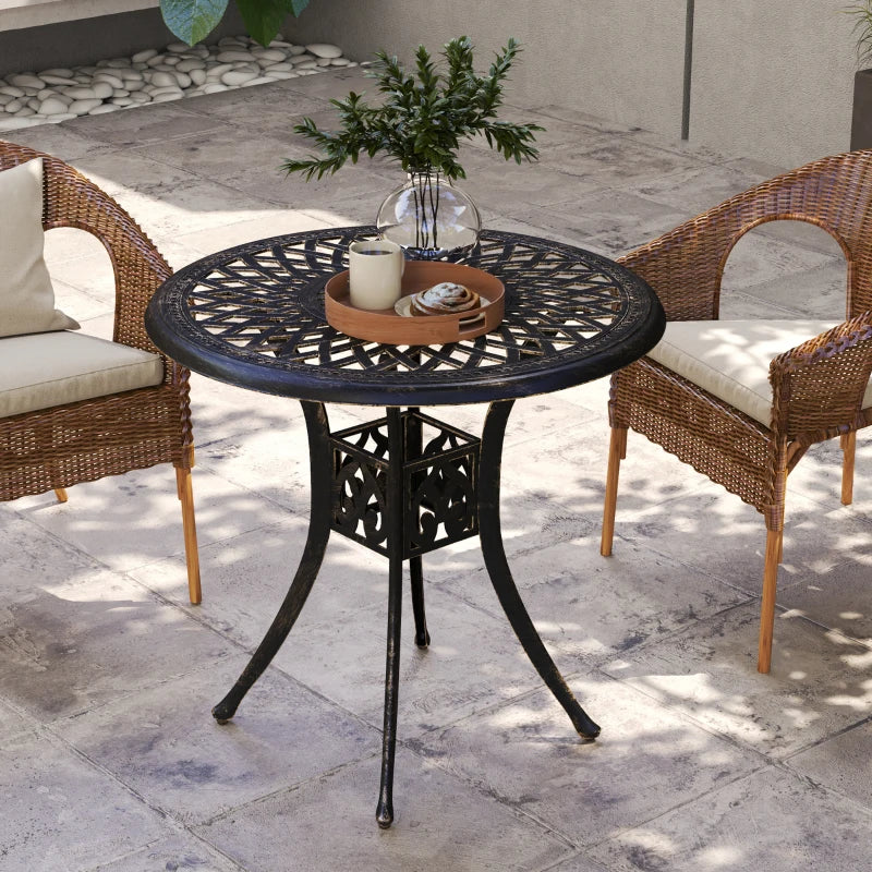 78 cm Round Bronze Tone Garden Dining Table with Parasol Hole - Antique Cast Aluminium Outdoor Table