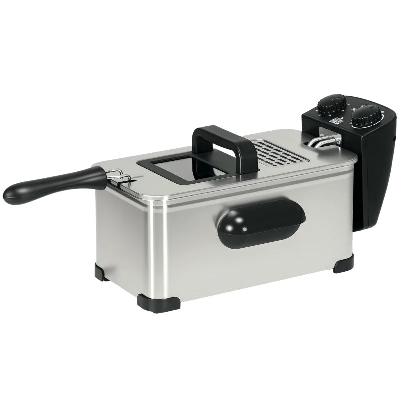 3L Stainless Steel Deep Fat Fryer - 2000W, Adjustable Temperature, 60min Timer, Viewing Window & Safety Cut Out