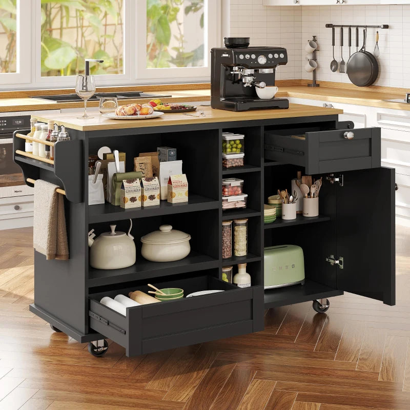 Mobile Kitchen Trolley with 5 Wheels, Drawers & Cupboards - Wooden Food Cart for Kitchen Organization, 129L x 46W x 92H cm, Black