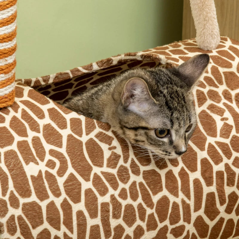 Unique Giraffe-Designed Cat Tree with Scratching Posts, Cat Tunnel & Toy Ball - Beige for Playful Cats