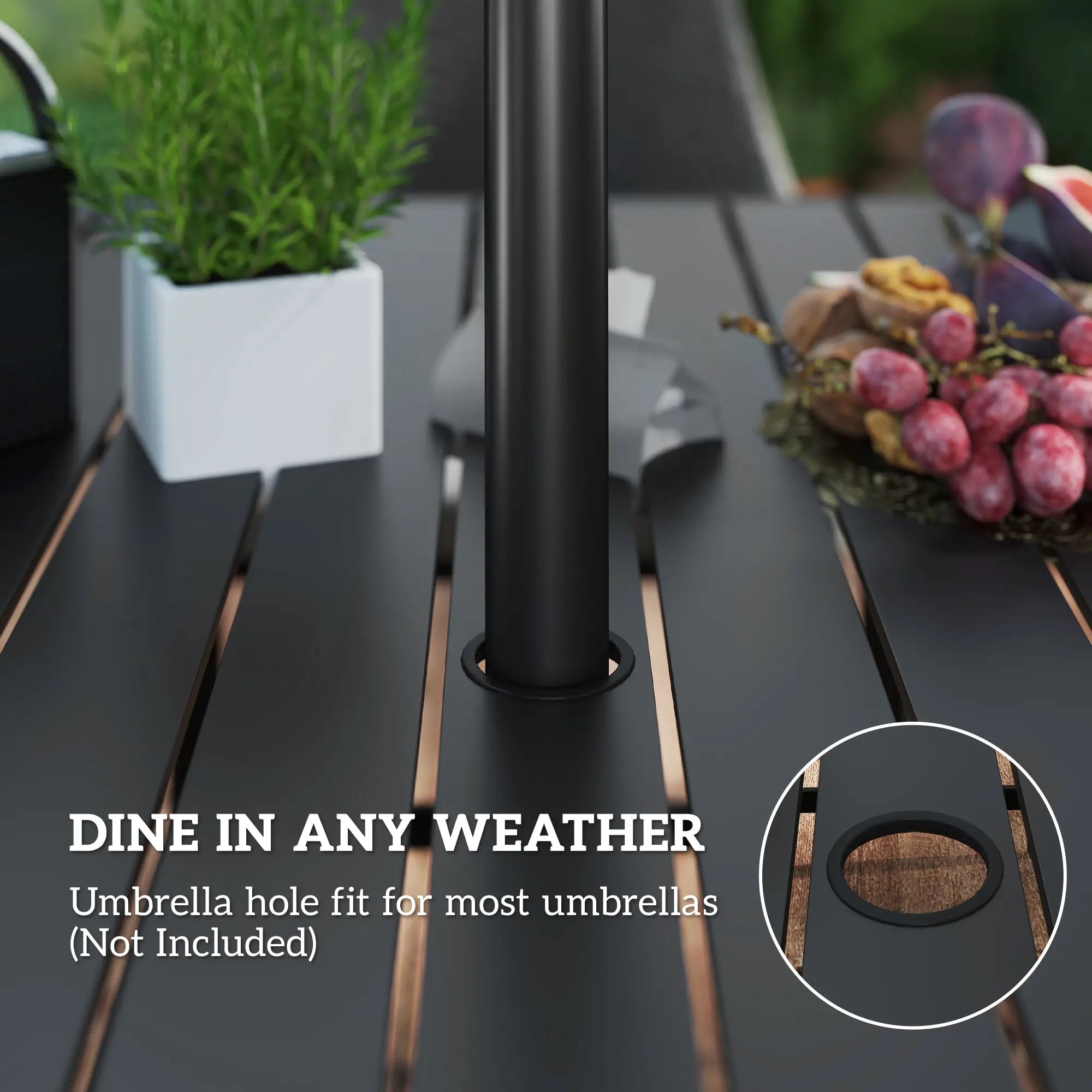 6 Seater Rattan Dining Set with Cushions, Armchairs, Rectangle Slatted Table Top, Steel Frame & Parasol Hole