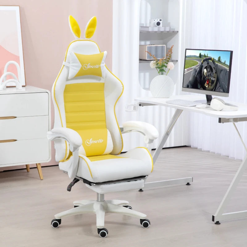 Vinsetto Yellow Reclining Racing Gaming Chair with Headrest, Lumbar Support, Footrest & Removable Rabbit Ears - PU Leather