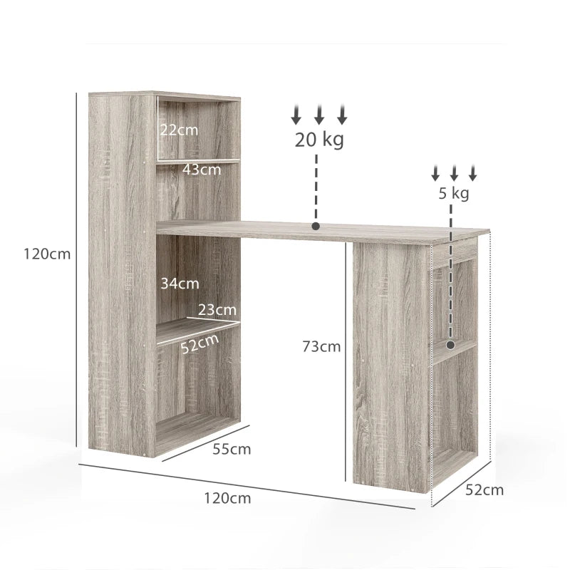 120cm Wooden Computer Desk with 6-Tier Bookshelves - Grey Home Office Laptop Table & Writing Workstation