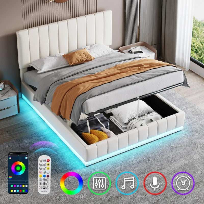 5ft Upholstered King Bed with Hydraulic Storage & RGB LED Lighting - Adjustable Headboard, Cream White, 203L x 157W x 111H cm