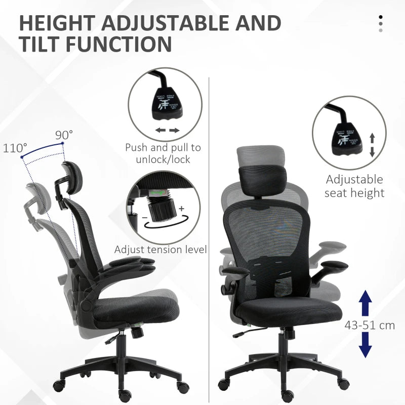 Vinsetto Ergonomic Office Chair with Adjustable Lumbar Support, Headrest & Breathable Mesh Back - Stylish Black Design
