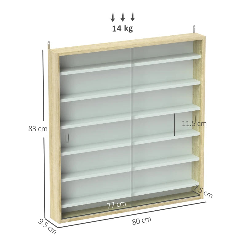 7-Tier Oak Wall Display Shelf Unit with Glass Doors & 6 Adjustable Shelves for Home Office Ornaments - 83x80cm