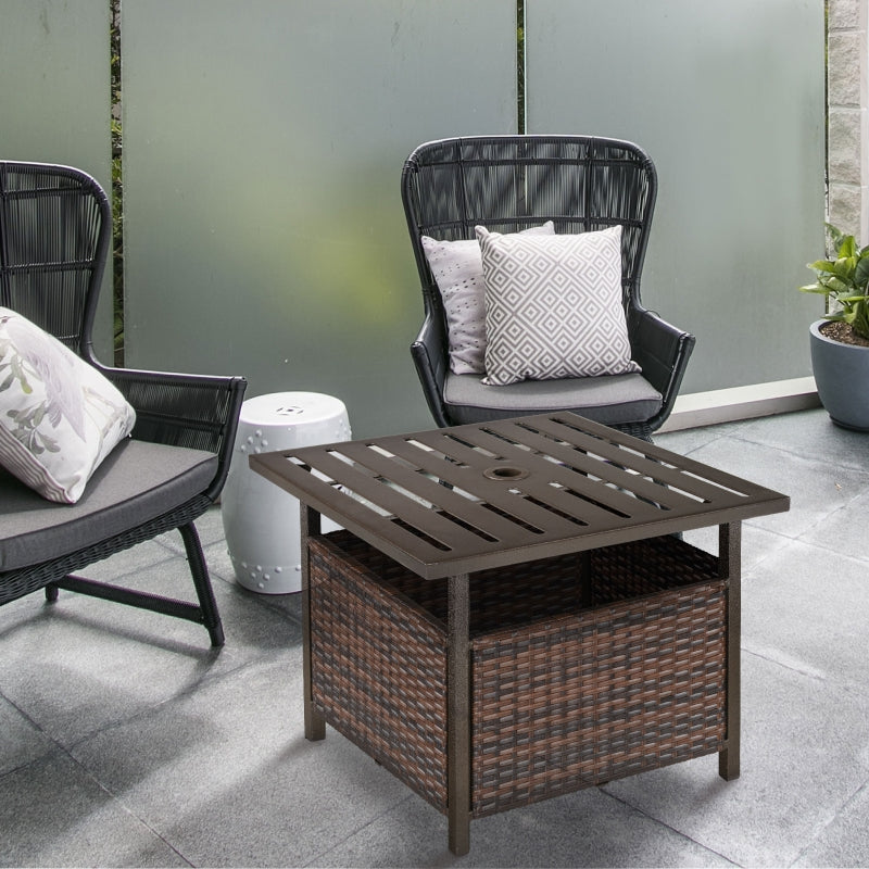 Brown Rattan Wicker Patio Coffee Table with Umbrella Hole for Garden