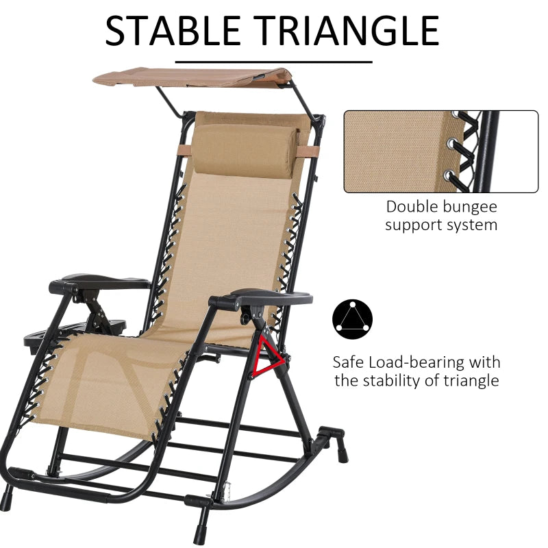 Beige Folding Rocking Sun Lounger Chair with Headrest and Side Holder