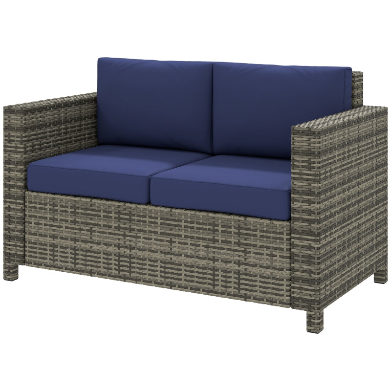 Navy Blue Rattan 2 Seater Garden Sofa with Soft Padded Cushions and Armrests - Wicker Loveseat for Patio
