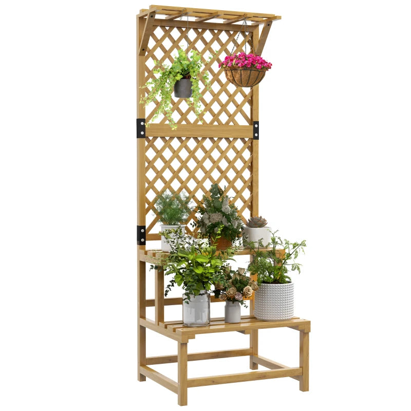Natural Finish Wooden Plant Stand with Trellis