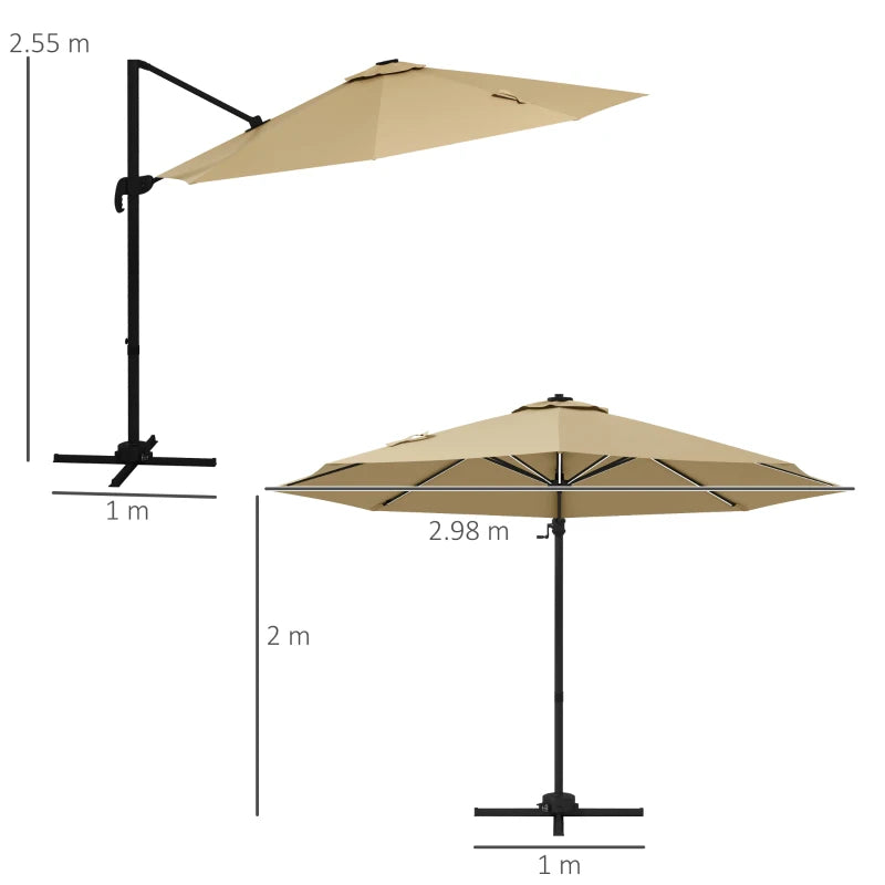 Adjustable Khaki Cantilever Parasol with Solar LED Lights & Base