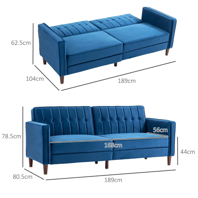 Velvet-Feel Three-Seater Sofa Bed in Blue for Stylish Living Room Comfort