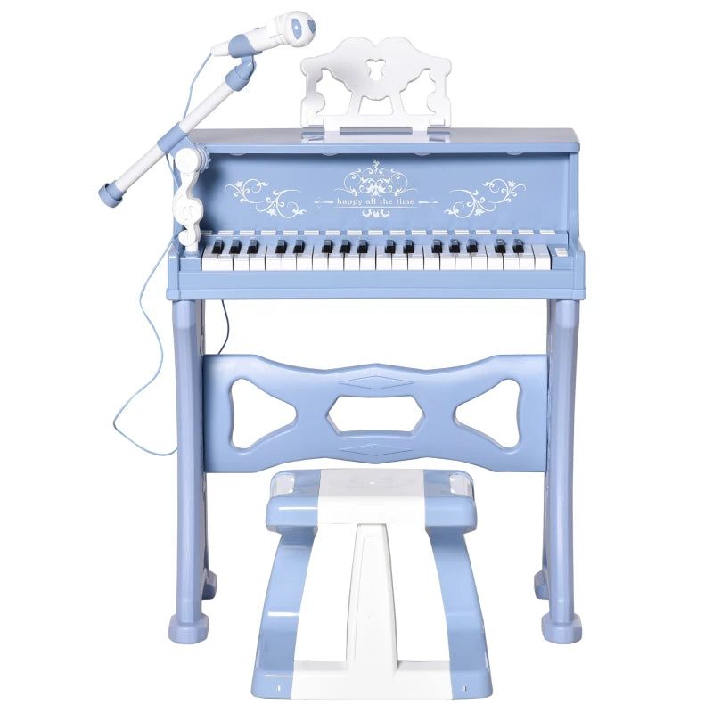 Kids Mini Electronic Piano Keyboard Set - Educational Musical Instrument with Stool, Microphone & Music Stand - Blue Grand Piano Toy