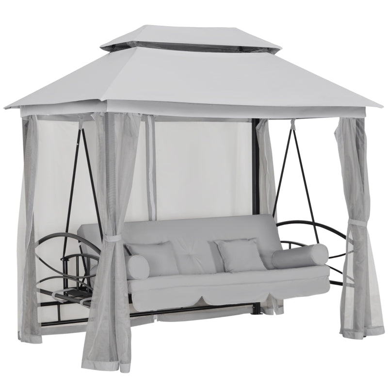 3 Seater Outdoor Swing Bed with Canopy, Cushioned Seat - Light Grey