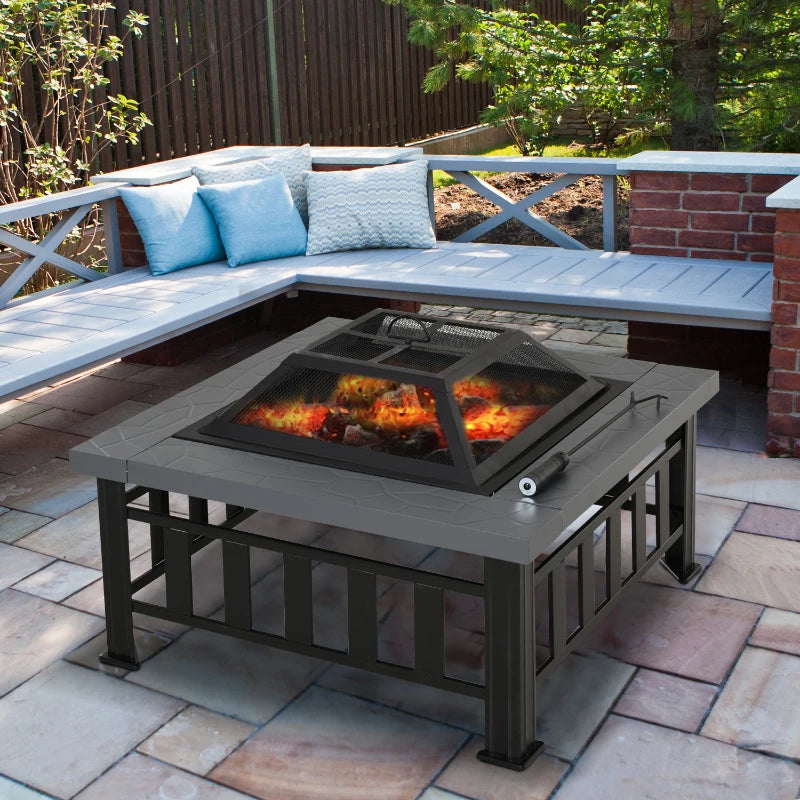 Large Square Metal Fire Pit with Cover & Grate - Outdoor BBQ Bonfire Stove for Backyard & Camping, 86x86cm, Black