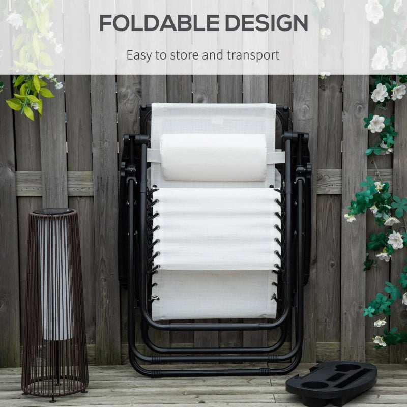 2 Piece Foldable Reclining Garden Chair Set - White Zero Gravity Deck Sun Lounger with Headrest, Footrest, Armrest, Cup Holder & Canopy Shade