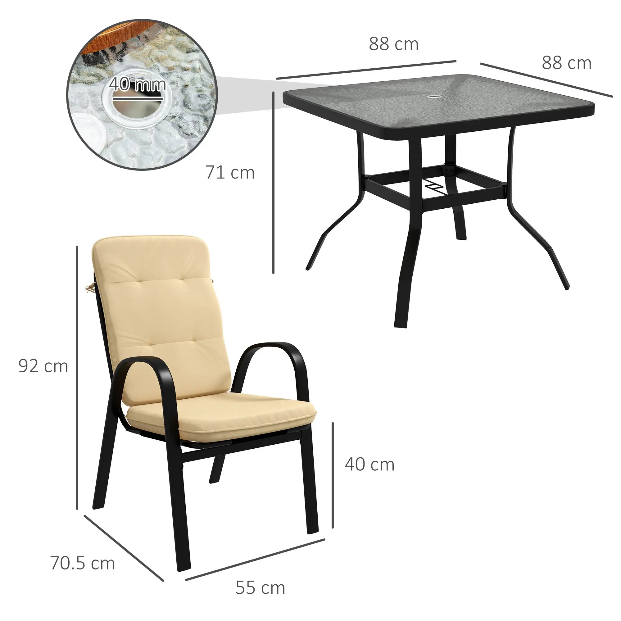 Beige 5-Piece Outdoor Square Garden Dining Set w/ Tempered Glass Dining Table, 4 Cushioned Armchairs & Umbrella Hole