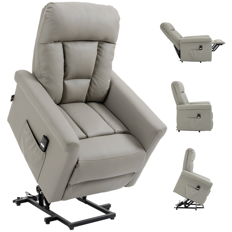 Power Lift Recliner Chair for Elderly - PU Leather Armchair with Extended Footrest, Remote Control, Side Pocket, Grey