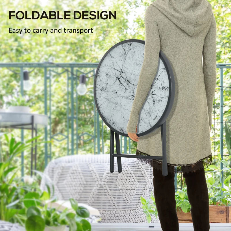 45cm Round Folding Garden Side Table - Outdoor Patio Coffee Table with Imitation Marble Glass Top - White