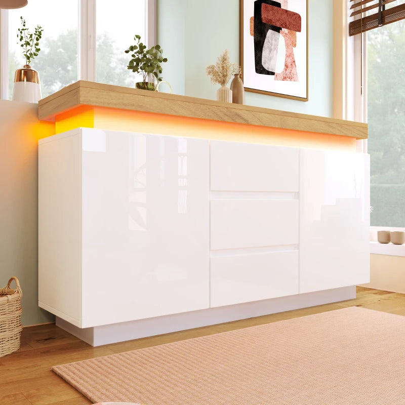 High-Gloss White Chest of Drawers with LED Lighting - 2 Doors & 3 Drawers Sideboard Cabinet, 140x39x81 cm