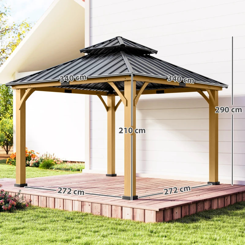 Fir Wood 3.5 x 3.5m Grey Patio Shelter: Two-tier Metal Roof Hardtop Gazebo Canopy