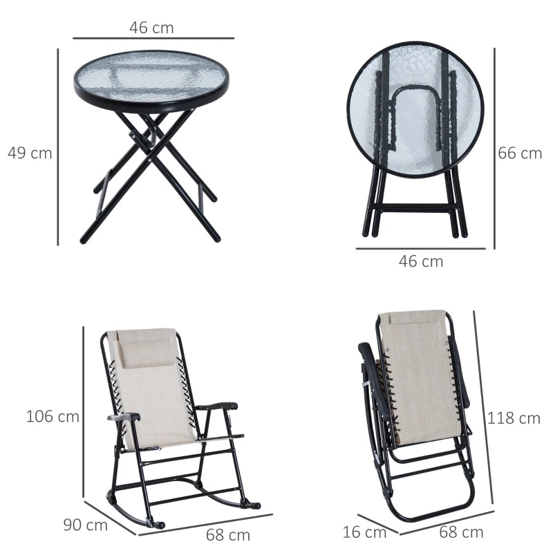 Beige 3-Piece Folding Rocking Chair Set with Glass Table - Outdoor Patio Bistro Set