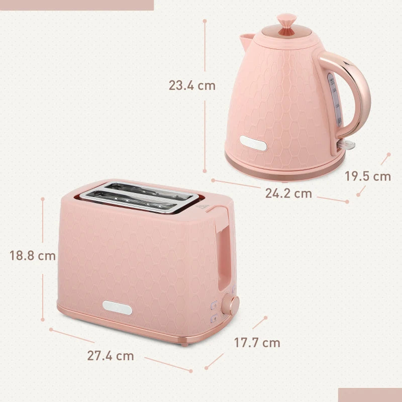 Light Pink 1.7L Fast Boil Kettle & 2 Slice Toaster Set - 3000W, Auto Shut Off, Browning Controls