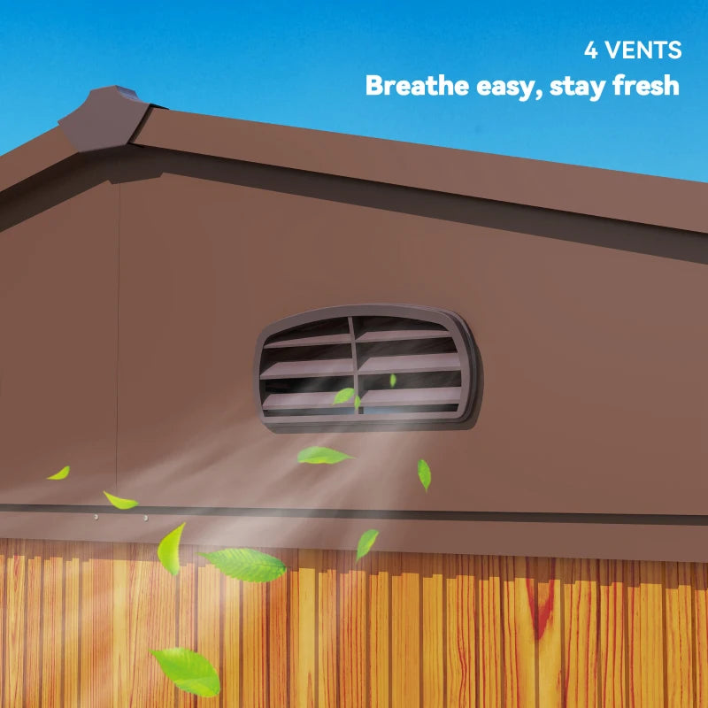 Brown 9ft x 6ft Metal Garden Shed - Garden Tool Storage Space with Vents, Sliding Doors & Sloped Roof