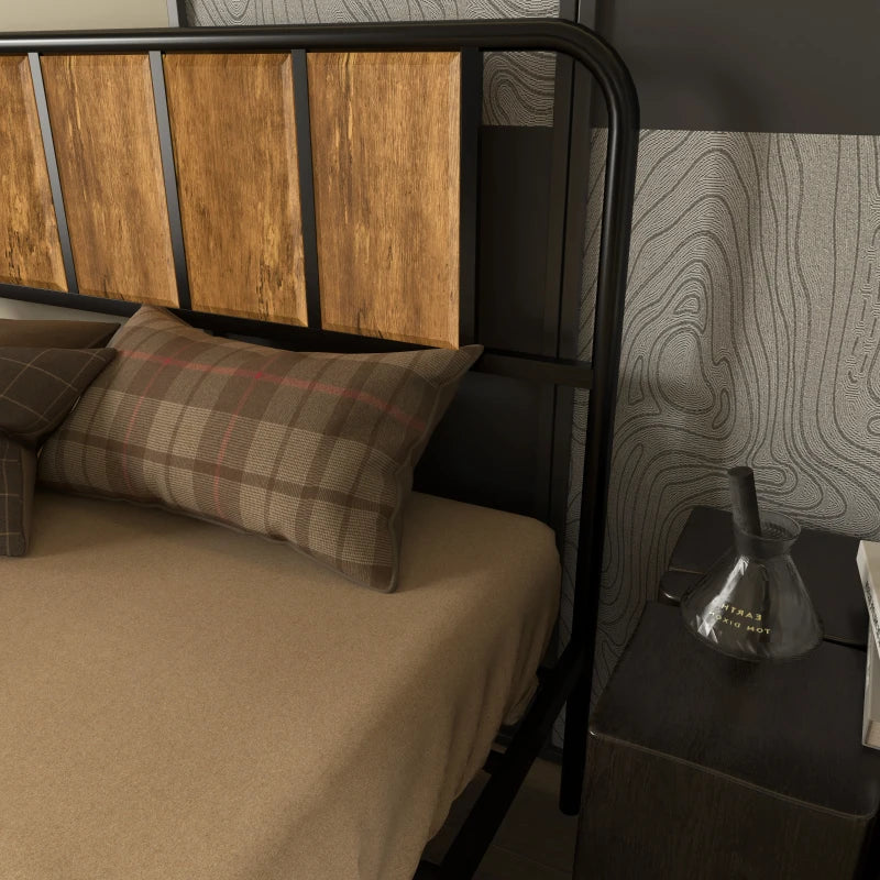 4.8ft Double Bed Frame with Industrial Wood Headboard & Steel Slat Support, 25.5cm Underbed Storage, Rustic Brown, 145x199cm
