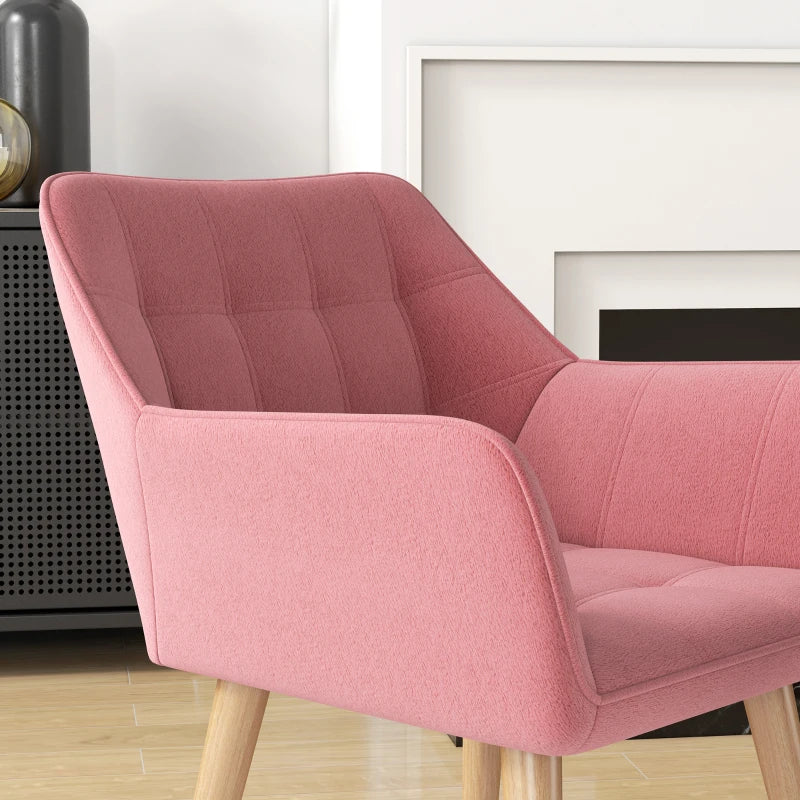 Stylish Pink Accent Chair with Wide Arms, Slanted Back, Thick Padding and Rubber Wood Legs for Living Room