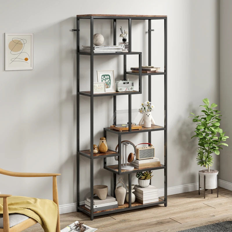 Unique Seven-Tier Geometric Bookcase in Brown and Black - Stylish Storage Solution for Home or Office