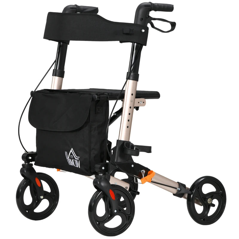 Lightweight Aluminium 4 Wheel Rollator with Seat and Back for Seniors Adjustable Height Folding Mobility Walker with Carry Bag Dual Brakes Cane Holder Gold Tone