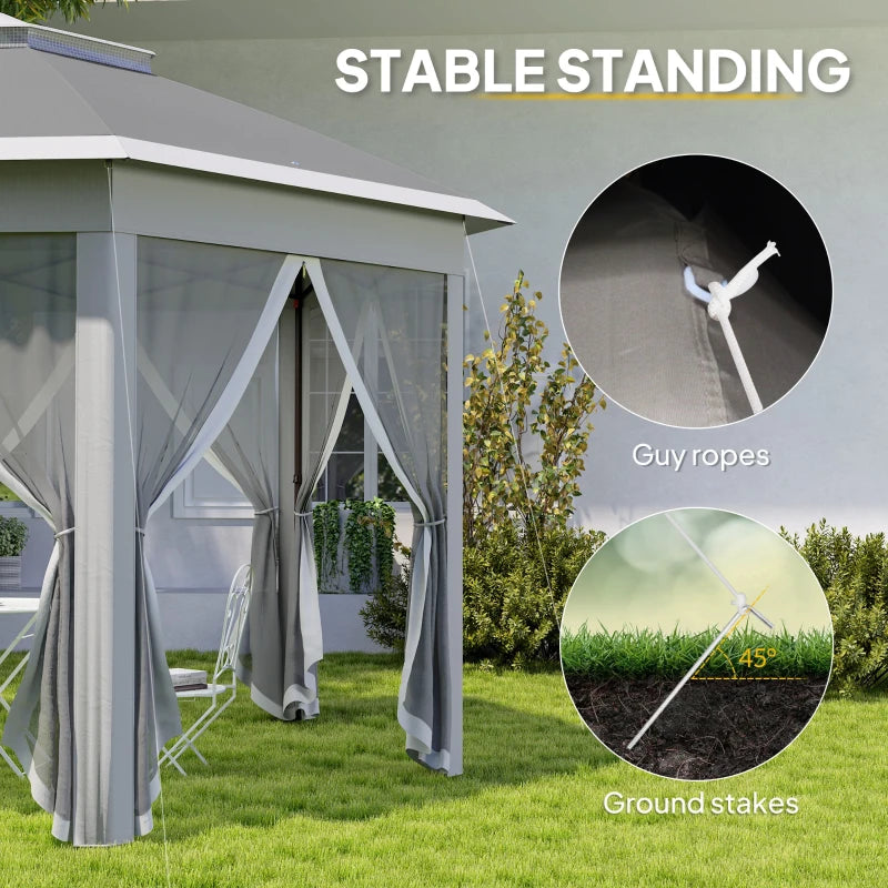 3x4m Dark Grey Hexagon Garden Gazebo - Pop Up Party Tent Canopy with Double Roof, Netting & Carry Bag for Outdoor Patio