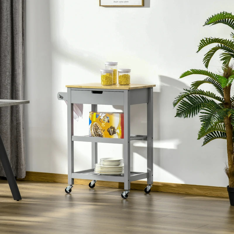 Grey Kitchen Trolley Utility Cart on Wheels with Rubberwood Top, Towel Rack, Storage Shelves & Drawer for Dining Room