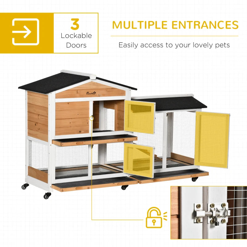 Outdoor Rabbit Hutch with Run - 2-Tier Guinea Pig Cage on Wheels, No-Leak Tray, 157.4x53x99.5 cm - Yellow