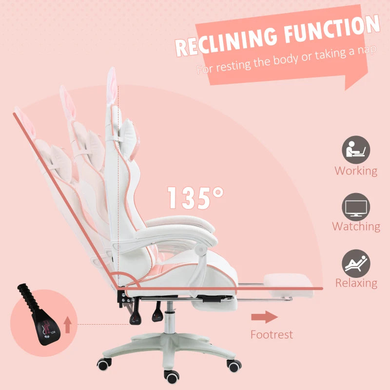 Vinsetto Pink Racing Gaming Chair - Reclining PU Leather, Removable Rabbit Ears, Footrest, Headrest & Lumbar Support
