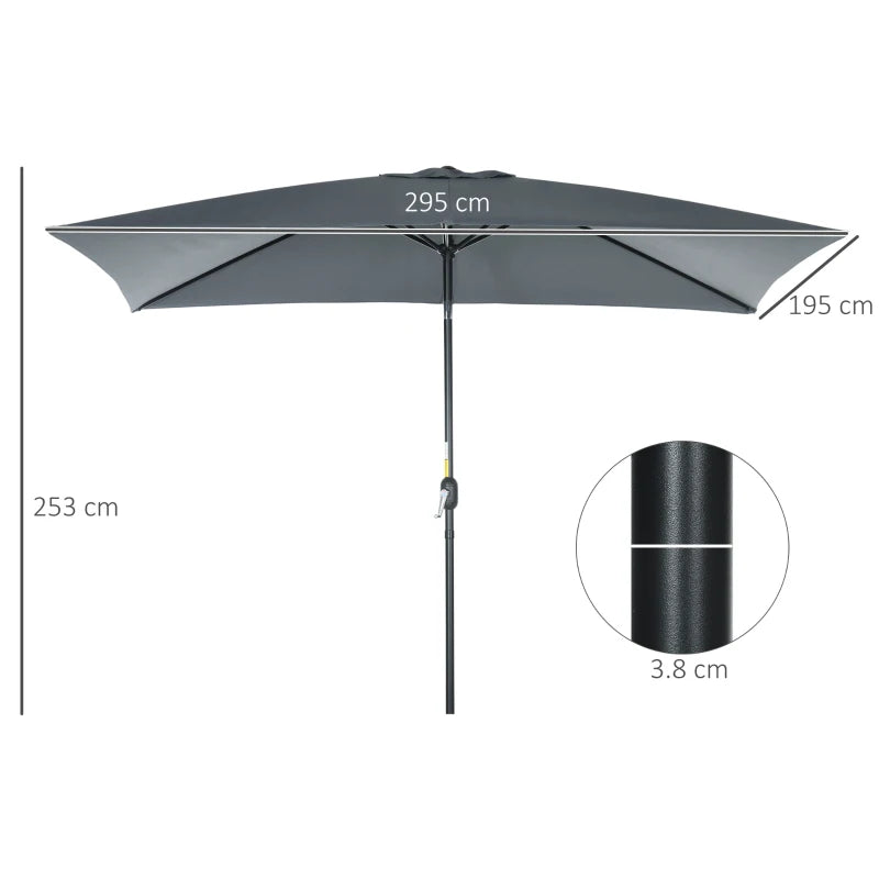 Dark Grey 3x2m Rectangular Patio Umbrella with Tilt Crank