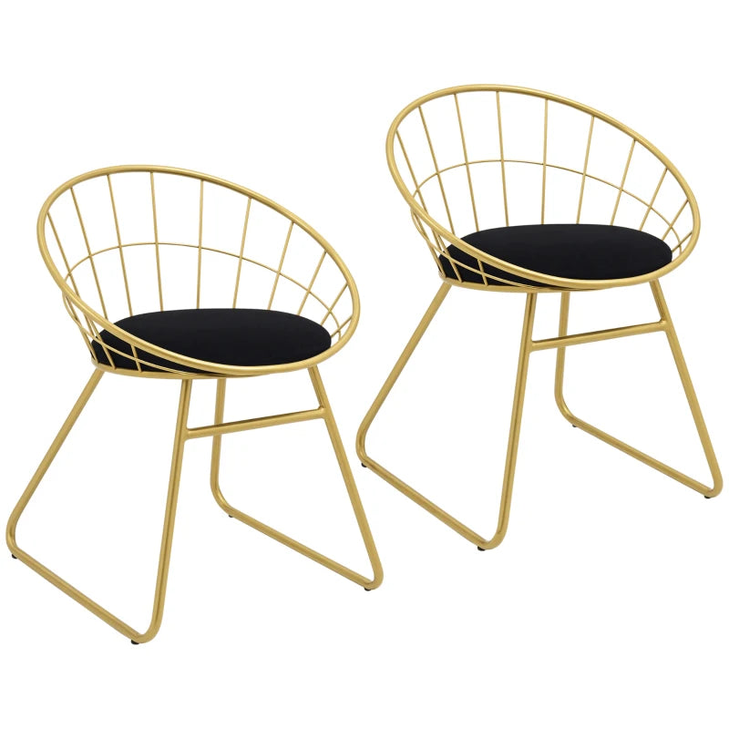 Modern Dining Chairs Set of 2 - Velvet Cushion, Round Back, Metal Wire Frame, Stylish Gold Accent for Kitchen & Living Room