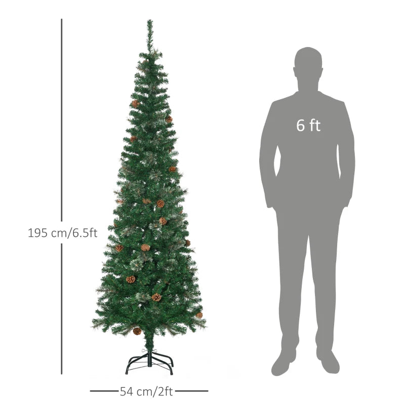 6.5FT Tall Pencil Slim Artificial Christmas Tree with Realistic Branches, Pine Cones & Needles - Perfect Xmas Decoration