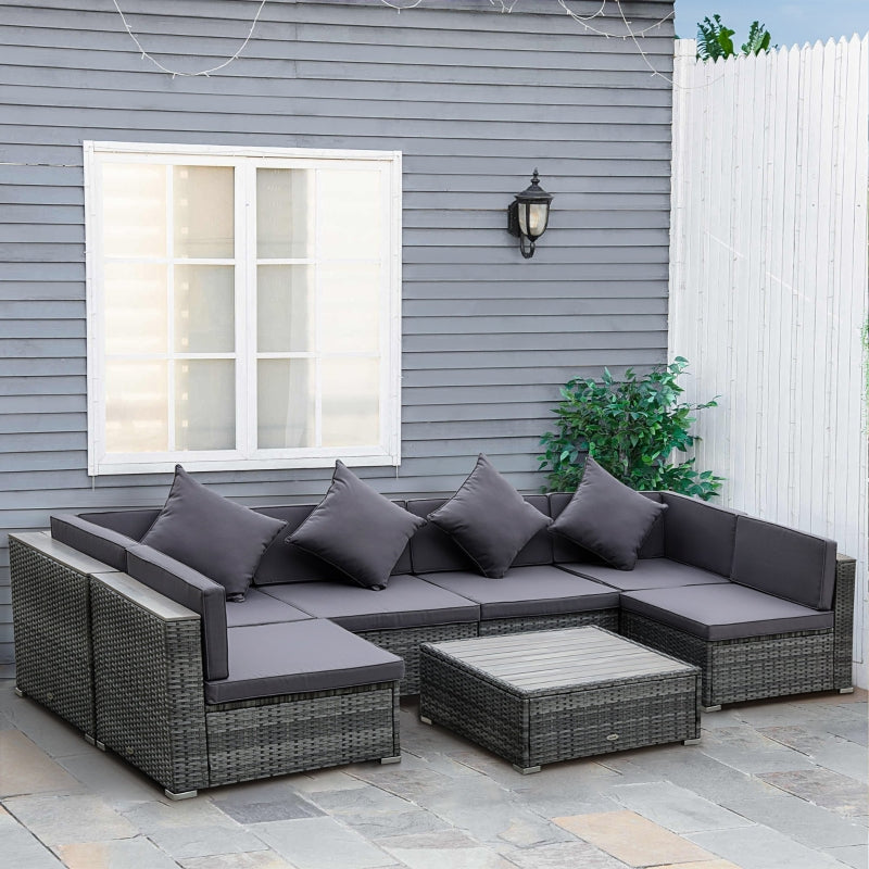 7-Piece Acacia Topped Patio Wicker Sofa Set: Stylish Outdoor Rattan Sectional with Cushions