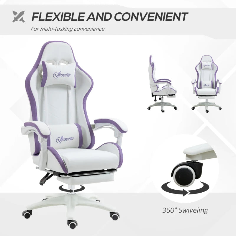 Vinsetto White and Purple Gaming Chair - PU Leather Office Desk Chair with Footrest, 135° Recline, Lumbar Support & Headrest