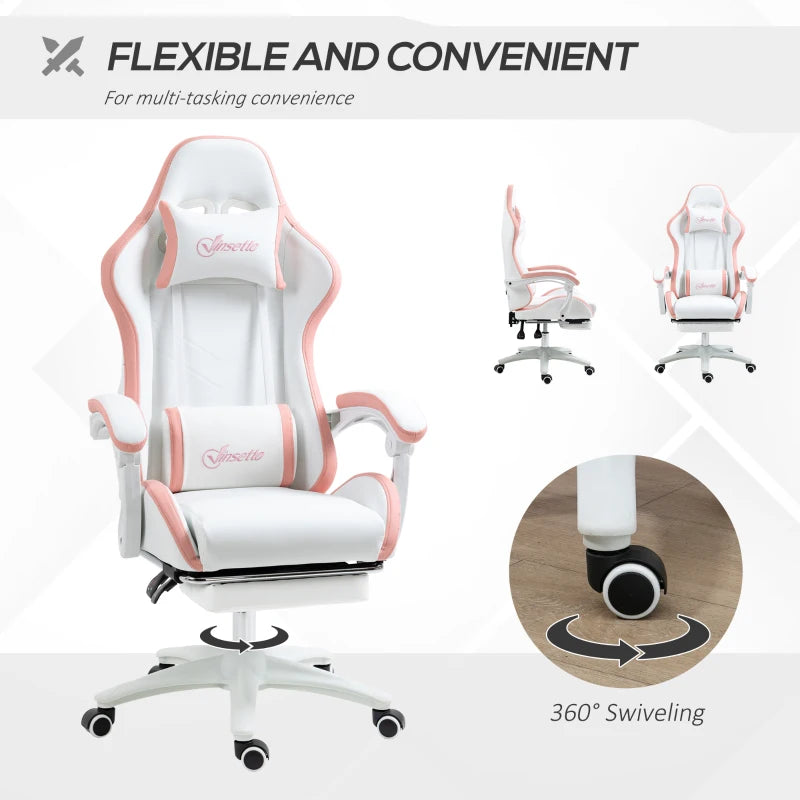 Vinsetto White & Pink Gaming Chair with Footrest, 135° Recline, Lumbar Support, Swivel Wheels - PU Leather Office Desk Chair