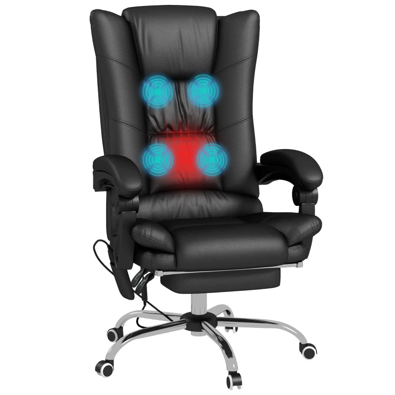 Vinsetto High Back Massage Office Chair with Heat, Reclining PU Leather Computer Chair, 135° Recline & Footrest - Black