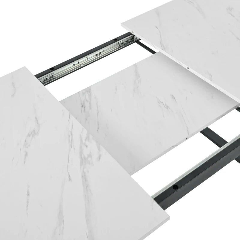 Telescopic Oblong Dining Table - Extendable MDF Marble Top with Iron Legs, 180x80x75 cm, Modern White Design for Dining Room