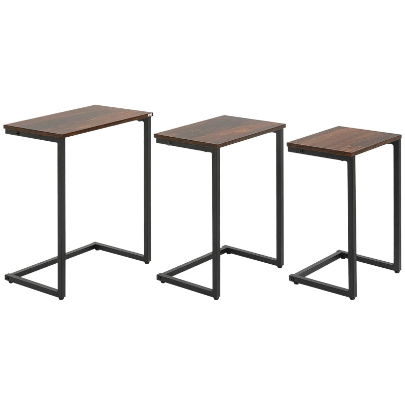 Nesting Side Tables Set of 3 C-Shaped Snack Tables with Steel Frame for Sofa Couch and Bed Rustic Brown